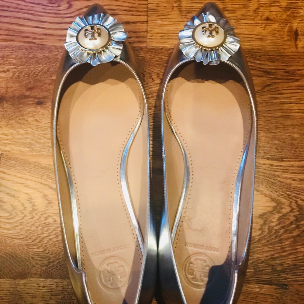Tory Burch Melody Silver Mirror Leather Flats